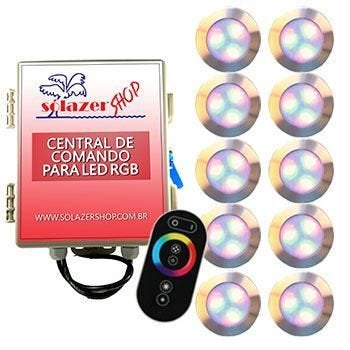 Led Piscina - Kit 10 Led RGB 12W Inox Divina Lux com Central e Controle - 1