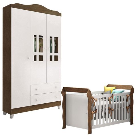 Berço Americano Lara e Guarda Roupa Ariel 3 Portas Branco Acetinado Amadeirado – Carolina