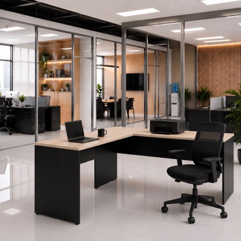 Mesa de Escritório em L 160x60cm + Cadeira de Escritório Ergonômica Reclinável com Apoio Lombar