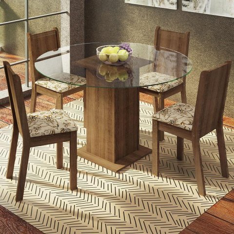Conj. Mesa Tampo de Vidro 4 Cadeiras Rustic/lírio Bege
