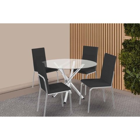 Sala de Jantar Completa Volga C/ Tampo de Vidro 95cm e 4 Cadeiras Amsterdã Cromada - Courano Preto