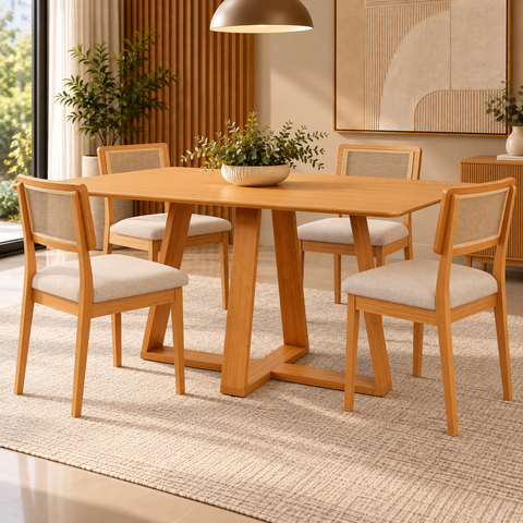 Conjunto Mesa de Jantar MDF 4 Cadeiras Estofadas e Tela Sintética Carvalho Rose/ Cesare Claro - Dall