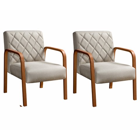 Conjunto 2 Poltronas Lara Cadeira Decorativa Sala, Recepção - Linho Bege