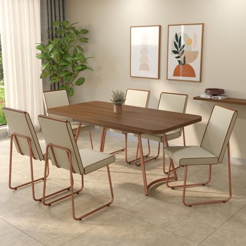 Conjunto Sala de Jantar 6 Cadeiras Peonia Carraro Nogal Rosê