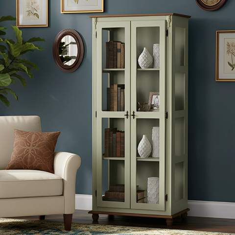 Cristaleira Colonial de Madeira 2 Portas com Pés Torneados - Verde Chá com Tampo e Base Imbuia Glaze