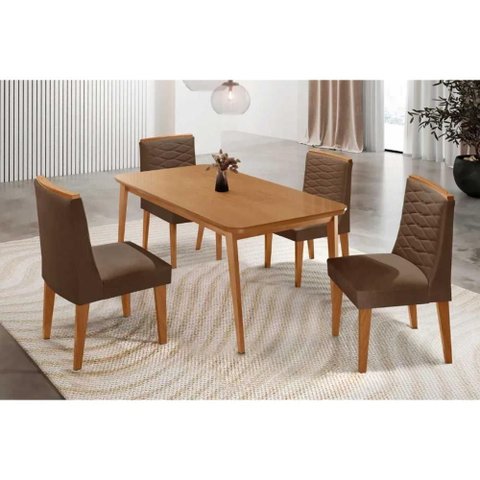 Sala de Jantar Completa Havana C/ Tampo Madeirado Canto Curvo 120x80cm e 4 Cadeiras Maldivas