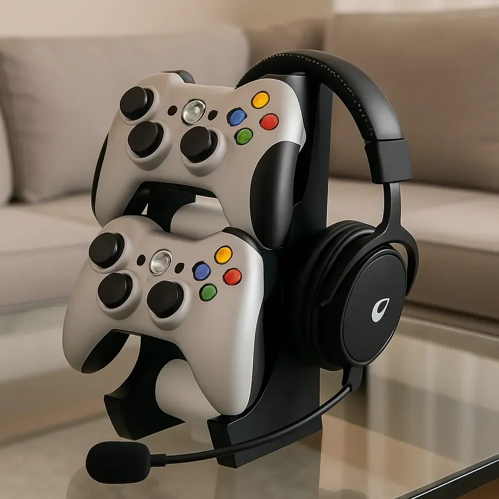 Ver imagem 2 de Suporte para Dois Controles e Headset com Design Compacto Ideal para Mesa Gamer ou Escritório - Pret