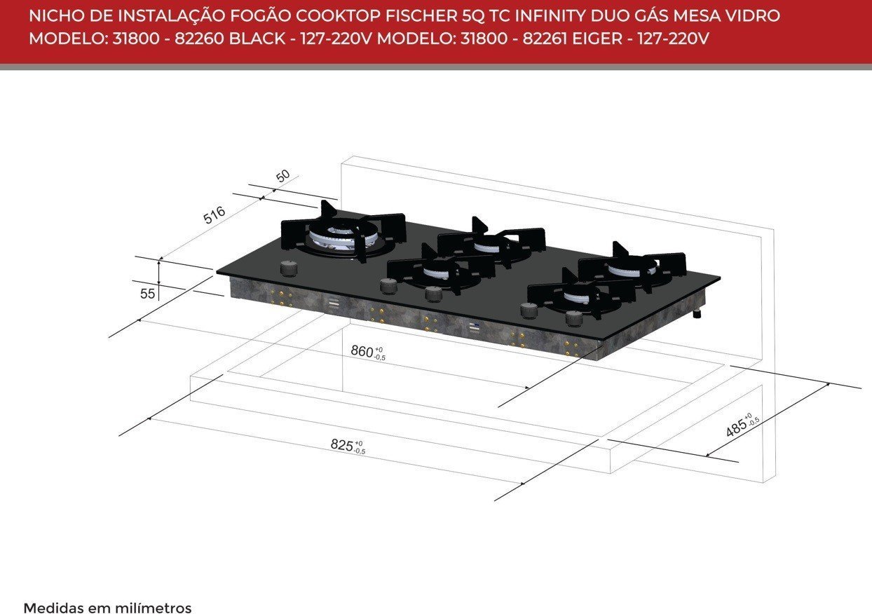 Fogão Cooktop Fischer 5Q TC Infinity Duo Blaze Gás Mesa Vidro 31800 - 6