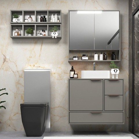 Conjunto para Banheiro Modulado 803 com Cuba e Espelheira 80cm Prime Yescasa Cinza/Cimento