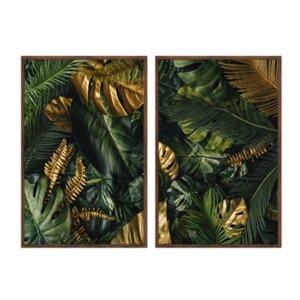 Kit 2 Quadros Decorativos 60x80cm Canvas Folhas Douradas e Verdes Flnt030k