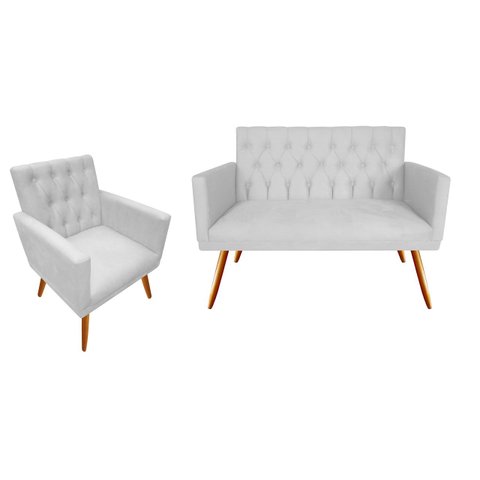 Kit Namoradeira + 1 Poltrona Decorativa Nina Capitonê Couro Branco Pés Madeira Mz Decor