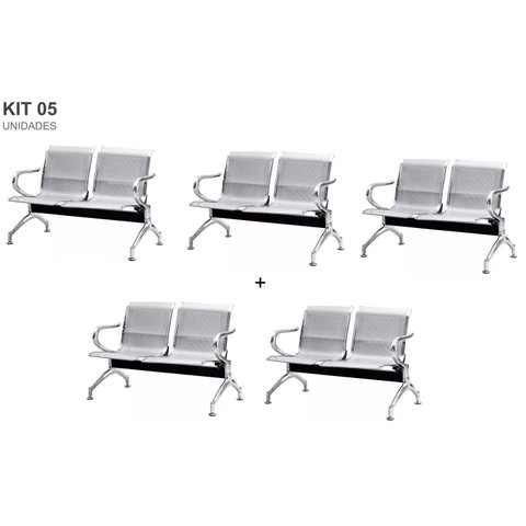Kit com 5 Cadeiras Longarina Aeroporto Cromada 2 Lugares