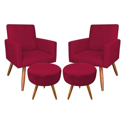 Kit 2 Poltronas e 2 Puffs Banqueta Redonda Nina Suede Pés Palito Castanho - Pallazio - Vermelho