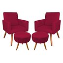 Ver imagem 1 de Kit 2 Poltronas e 2 Puffs Banqueta Redonda Nina Suede Pés Palito Castanho - Pallazio - Vermelho