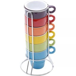 Jogo 6 Xícaras de Café 60Ml Coloridas com Suporte - 1