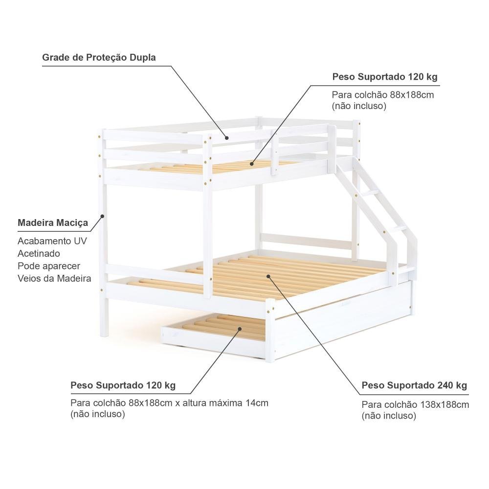 Treliche com Cama Casal Slim Rb Madeira Maciça Branco Housin - 4