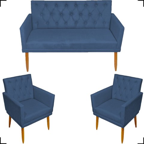 Kit Namoradeira Decorativa Para Sala Capitonê Com Base + 2 Poltronas Para Recepção Suede