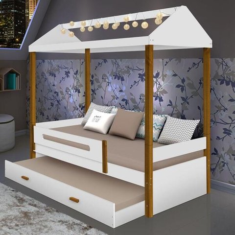 Cama Casa Infantil Montessoriana com Colchão, Cama Auxiliar e LED Sara Branco e Mel Solteiro
