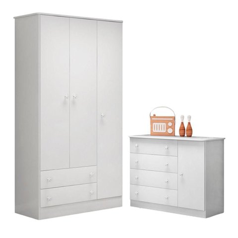 Conjunto Guarda Roupa e Cômoda Brisa 3 Portas 4 Gavetas MDP Branco Qmovi