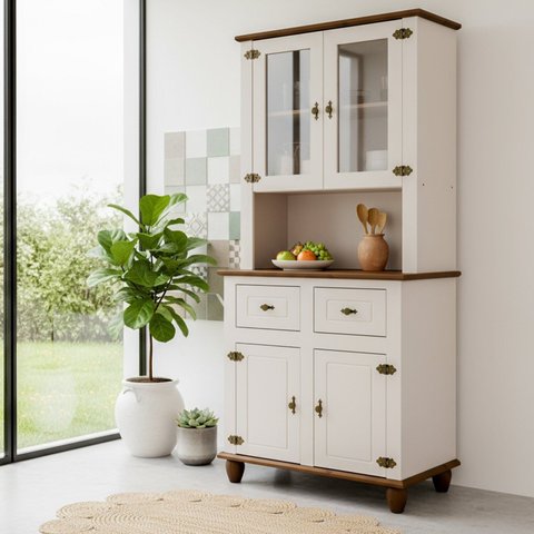 Kit Cozinha 4 Portas 2 Gavetas Tampo Base e Pés em Madeira Maciça Joy Branco/Off White