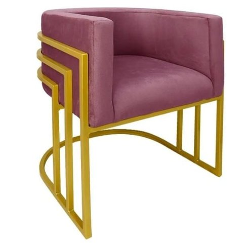 Cadeira Poltrona Luxo Base de Metal Tripla Dourado Sala de Jantar Recepção Veludo Rosê do Lar Móveis