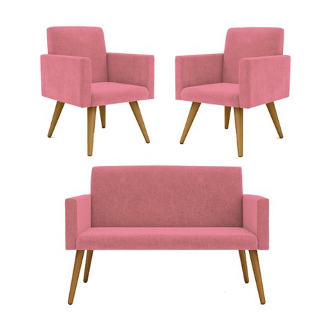Kit Namoradeira + 2 Poltronas Decorativas Recepção Balaqui Cor:rosa