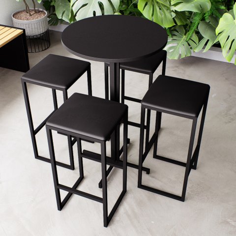 Conjunto Mesa Alta Bar Bistrô Redonda Preta 4 Bancos Estofado Don Castro Decor
