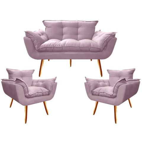 Kit Namoradeira + 2 Poltronas Decorativa Opala Suede Rosê Pés Madeira Mz Decor