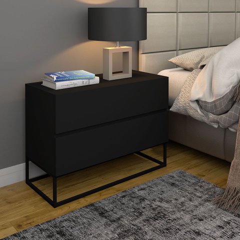 Mesa de Cabeceira Eros 60cm Preto MDF 2 Gavetas Pés Estilo Industrial de Ferro