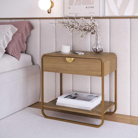 Mesa de Cabeceira 60cm com Gaveta Prateleira e Pés em Metal Cor:hanover com Dourado
