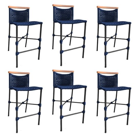 Kit 6 Banquetas Anne em Corda Náutica Base em Alumínio Preta com Detalhe em Madeira Azul Marinho