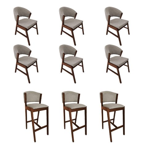 Kit 6 Cadeiras de Jantar Debora com 3 Banquetas Ana Madeira Maciça Mel Premium Linho Bege