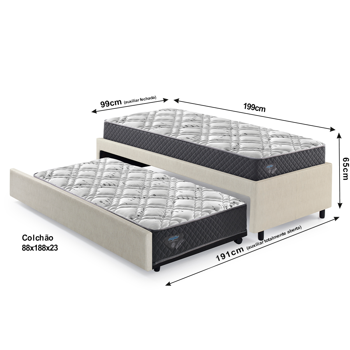 Bicama Box Solteiro Courino Linho Areia 88x188 com Dois Colchões Adapto Molas Ensacadas Ecoflex - 2