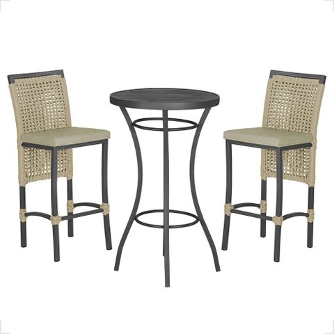 Mesa Bistrô e 2 Banquetas Roma Preta Corda Náutica Estofado 7 Trama Original