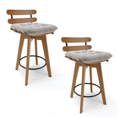 kit 02 Banquetas Giratória Costela Veludo Cinza Base Madeira MA70 - D’Rossi