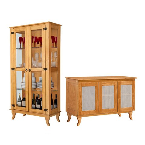 Kit Cristaleira com Buffet 3 Portas em Madeira Maciça Acabamento Premium Vintage Retrô Imbuia