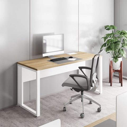 Escrivaninha Mesa Escritório Diretor com Caixa de Tomadas 150cm Industrial Macadâmia e Branco