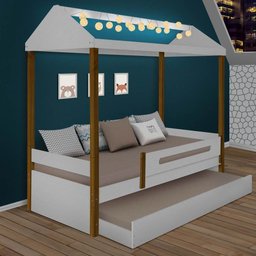 Cama Infantil Casa Montessoriana com Auxiliar e LED Sara Branco e Mel - 1