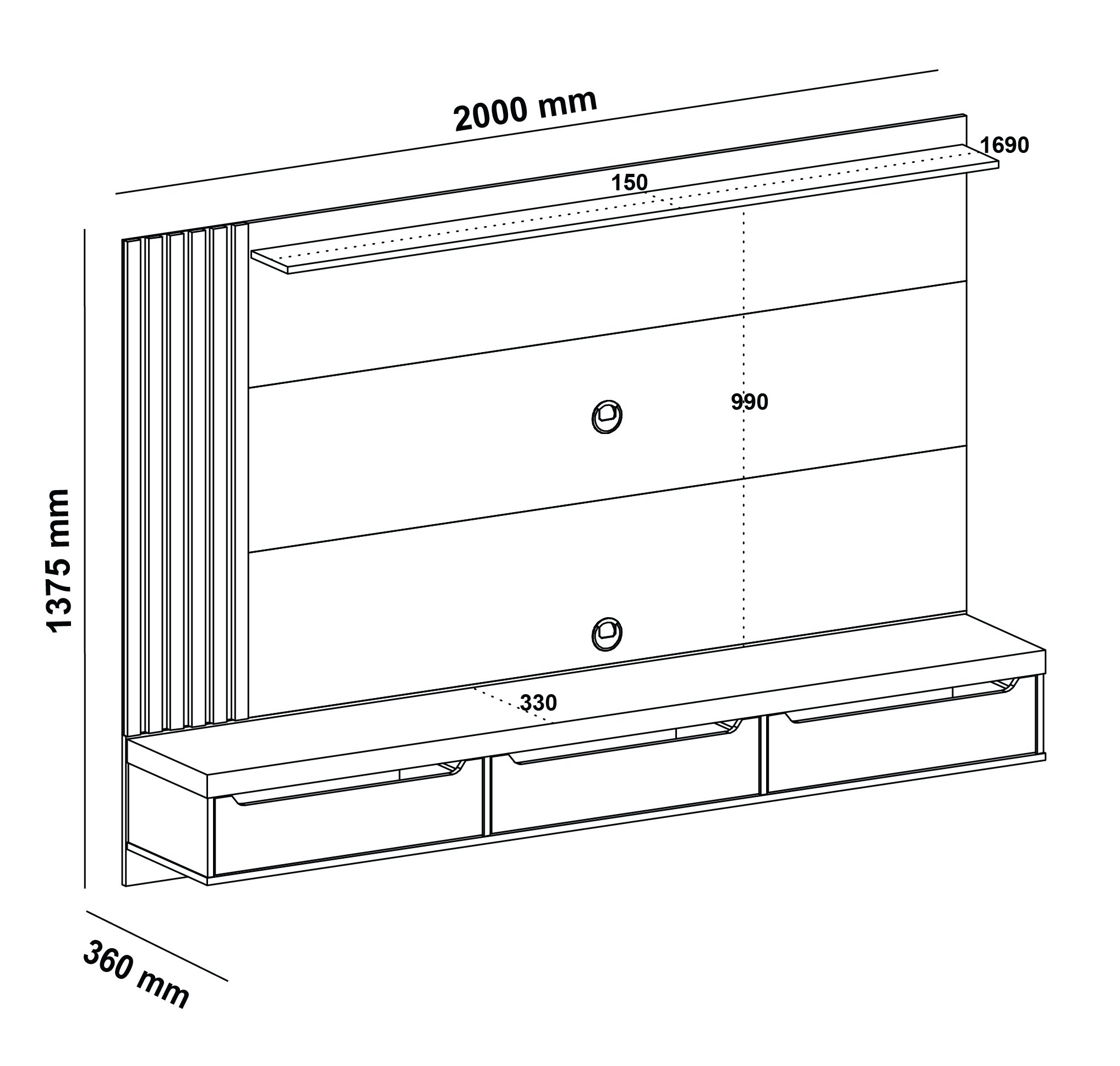 Painel para Tv até 75 Polegadas 3 Gavetas 1 Prateleira com Ripado Presence Artely  - 6