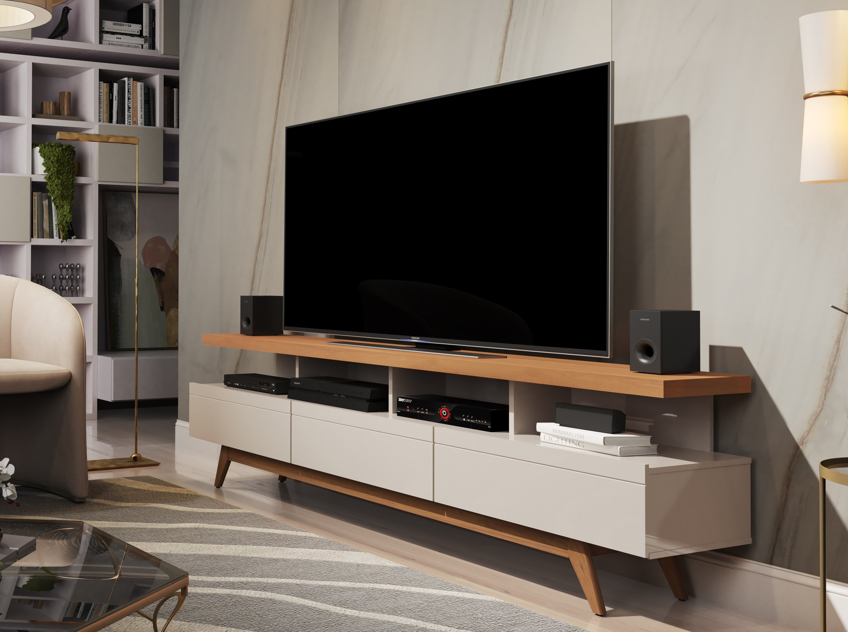 Rack para TV 70" Pés de Madeira Vivare Wood 1,80 Giga Moveis:OffWhite ...