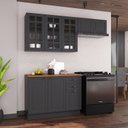 Ver imagem 1 de Cozinha Modulada 3 Peças Balcão com Tampo Armário Aéreo com Vidro 100% MDF com Rodapé Bari Chumbo