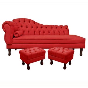 Divã Recamier Namoradeira Larissa 185cm com Capitonê - Direita + 02 Puffs Retrô Suede:vermelho