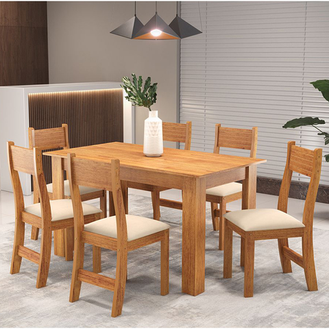Mesa de Jantar Retangular Zinnia com 6 Cadeiras Brisa Mel/bege - Casa Giulia