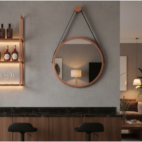 Espelho Redondo Adnet Decorativo Suspenso com Alça 50cm + Suporte Cobre com Alça Preta