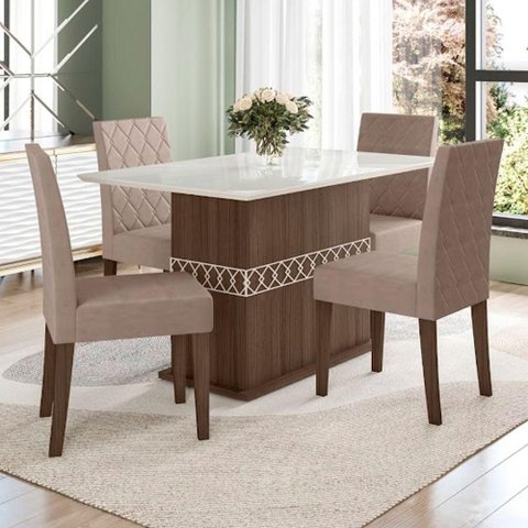Conjunto Sala de Jantar Mesa Agata 4 Cadeiras Jade Poliman Amêndoa com Off White