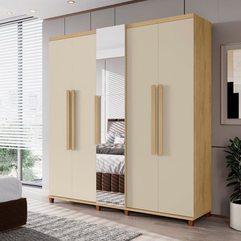 Guarda-Roupa Casal 5 Portas com Espelho Sapateira e 3 Gavetas Interna Munique Bege/Cinamomo/Off White