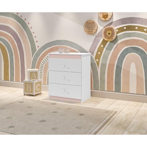 Cômoda CAT Linha Infantil 3 Gavetas Com Puxadores Cromados Cor Branco/Rosa JA