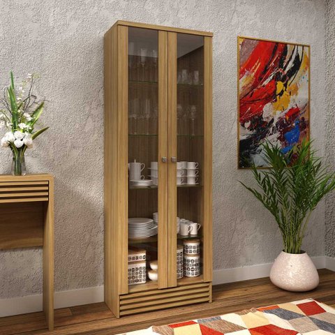 Cristaleira 63cm com 2 Portas/5 Pratelerias em Vidro Cr6002 Tecno Mobili Natural