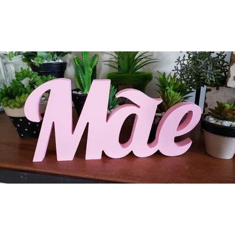 Palavra Enfeite Mãe em Madeira Mdf 13x27cm Rosa