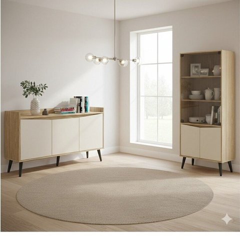 Conjunto Buffet Aparador 130cm + Cristaleira Amendoa/Off White Branco